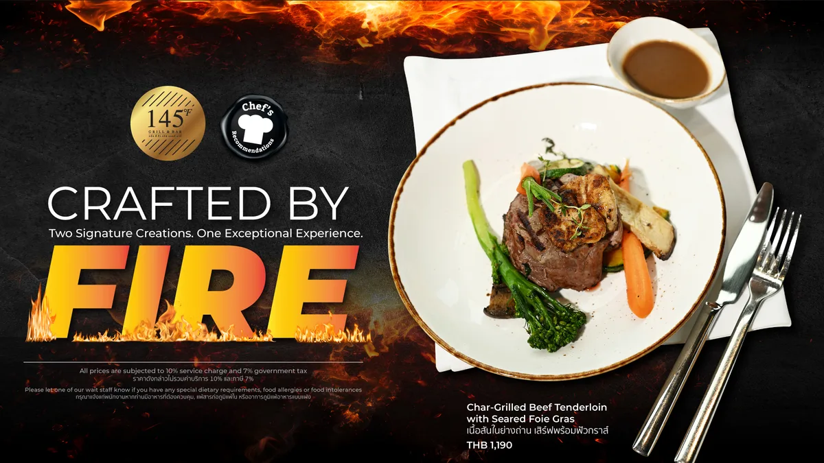 Char-Grilled Beef Tenderloin with Seared Foie Gras ที่ 145°F Grill & Bar