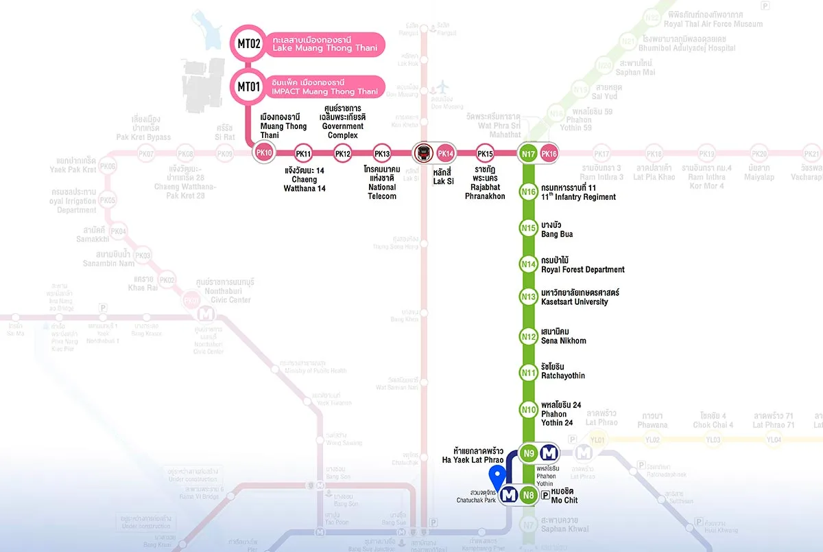 Route map from Chatuchak/Mo Chit to IMPACT Muang Thong Thani via BTS and the Pink Line