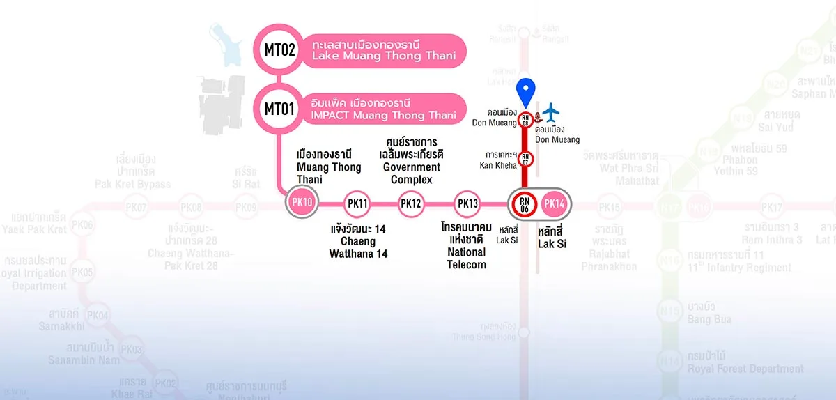 Route map from Don Mueang Airport to IMPACT: Red Line to Lak Si, continue on the Pink Line to IMPACT Muang Thong Thani station