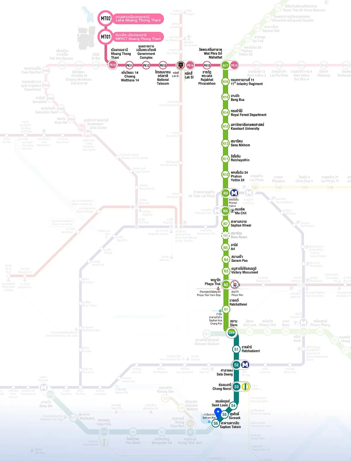 Route map from Saphan Taksin/Silom to IMPACT: BTS Silom Line, change at Siam, continue on the Sukhumvit Line and Pink Line