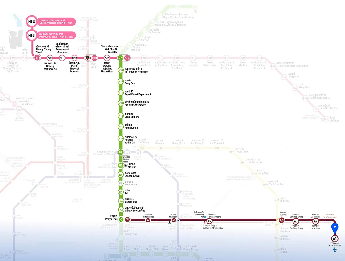 Route map from Suvarnabhumi Airport to IMPACT Muang Thong Thani: Airport Rail Link, then BTS and the Pink Line